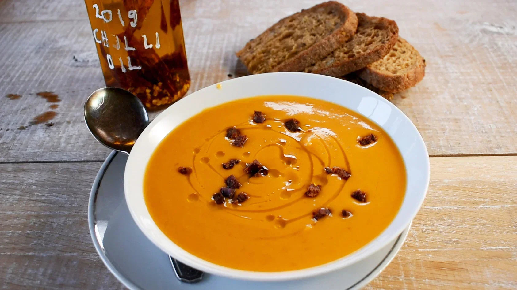 SWEET POTATO SOUP WITH CHORIZO