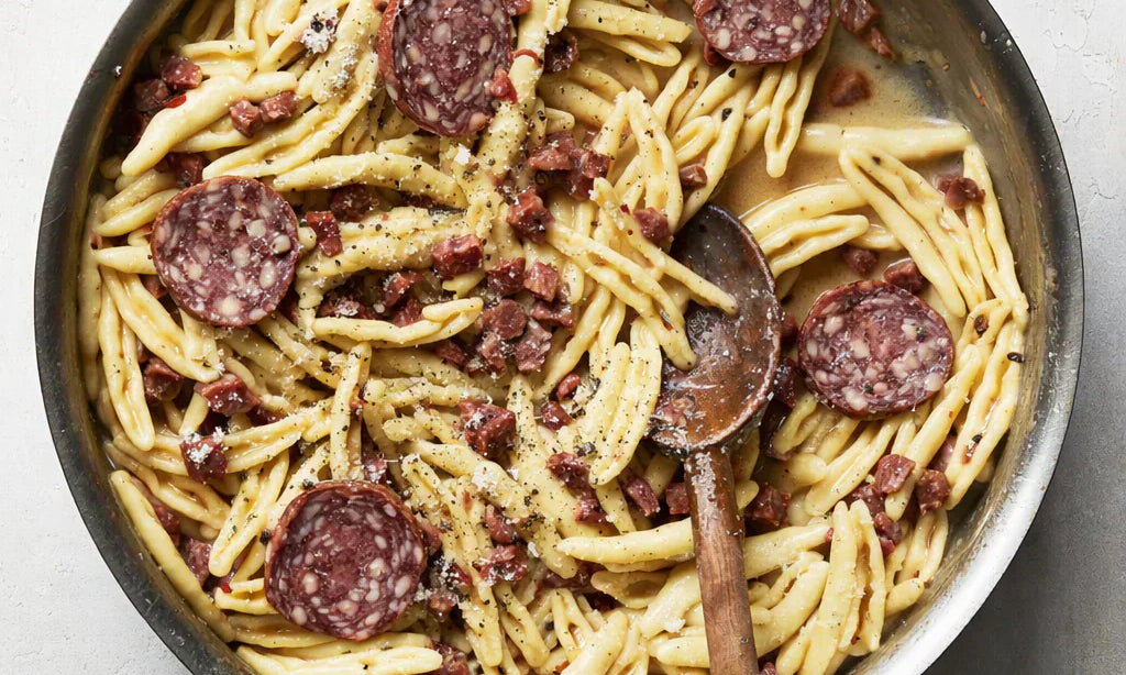 Sloe & Garlic Wild Venison Salami with Creamy Pasta