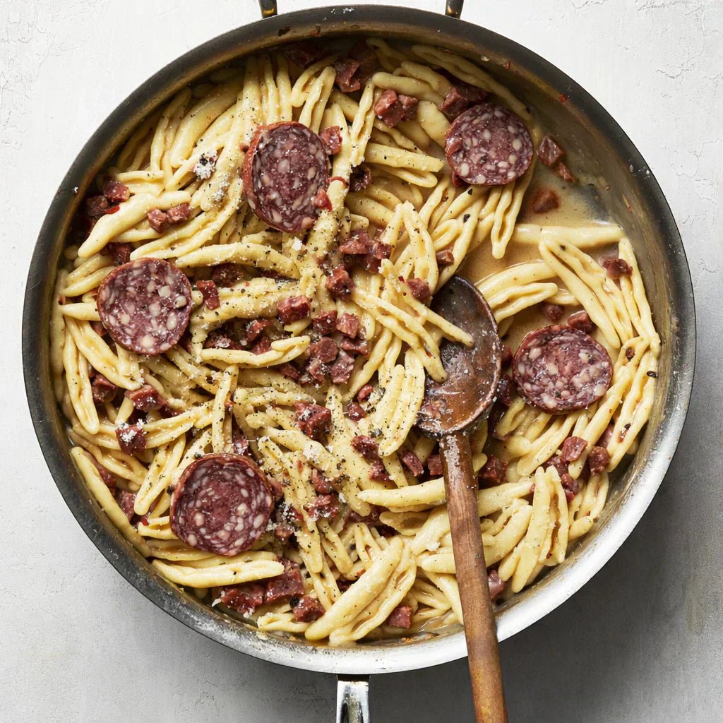 Creamy Pasta with Sloe & Garlic Venison Salami - The Real Cure