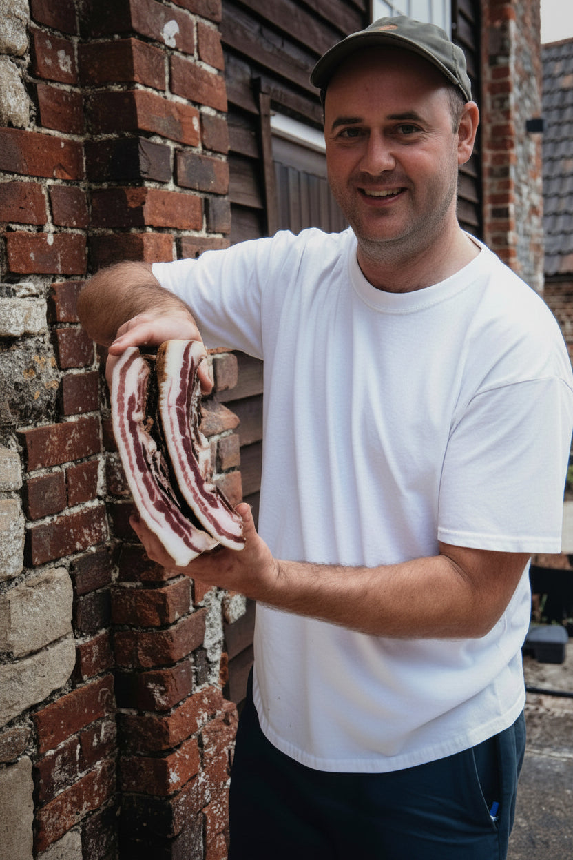 James Founder The Real Cure holding pancetta after smoking and curing